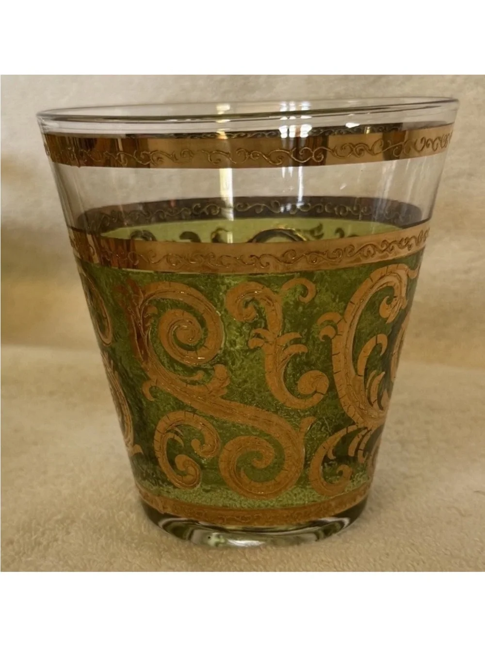 Vintage Culver Toledo 22K Gold Green Rocks Glasses Set of 6 MCM Barware